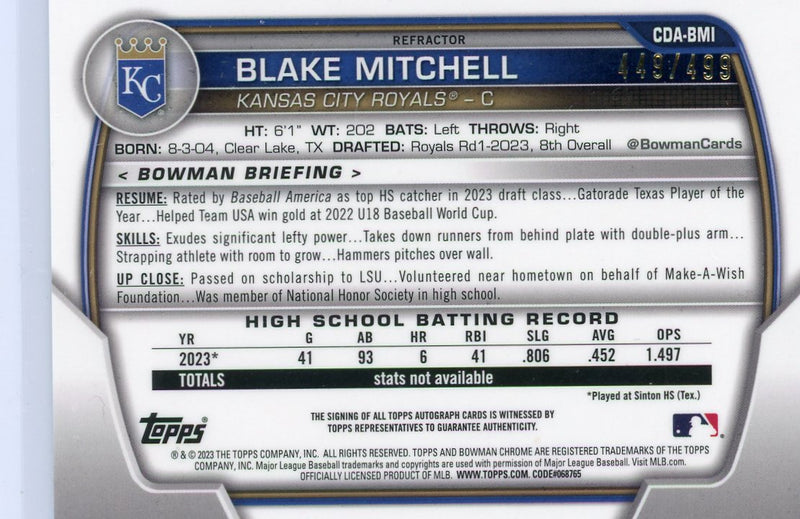 Blake Mitchell 2023 1st Bowman Chrome Draft autograph refractor 