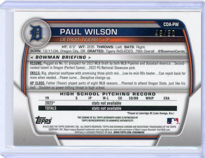 Paul Wilson 2023 1st Bowman Chrome Draft gold shimmer autograph #'d 49/50