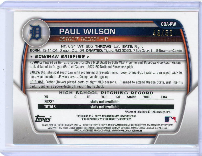 Paul Wilson 2023 1st Bowman Chrome Draft gold shimmer autograph 