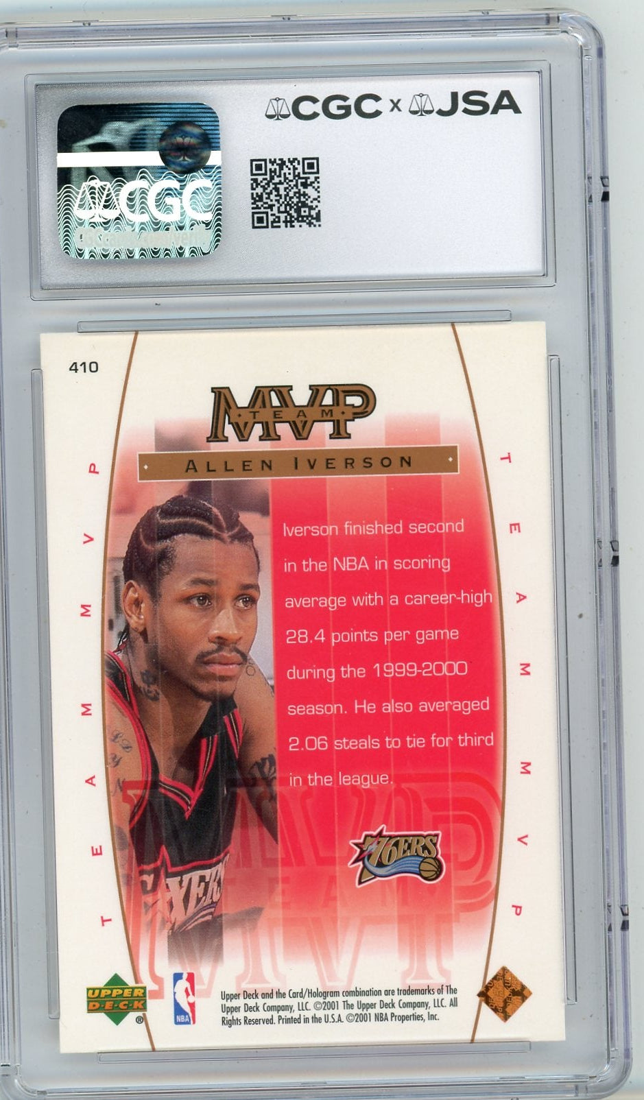 Allen Iverson 2000-01 Upper Deck MVP #410 IP Autograph CGC Auth. AUTO 10