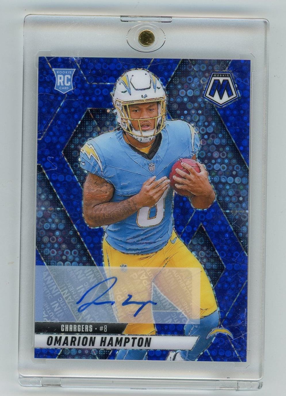 Omarion Hampton 2025 Panini Mosaic No Huddle Blue Prizm Auto RC