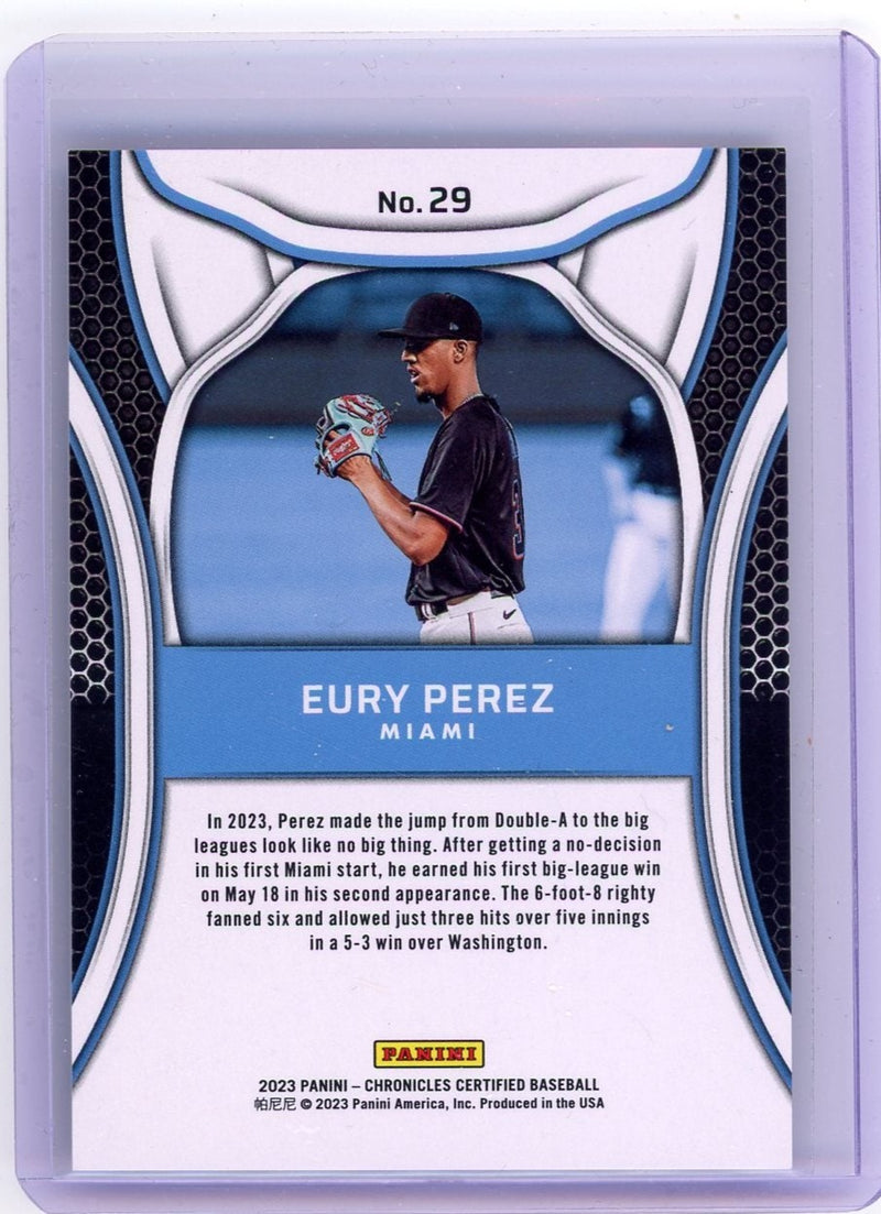 Eury Perez 2023 Panini Chronicles Certified blue rookie card 