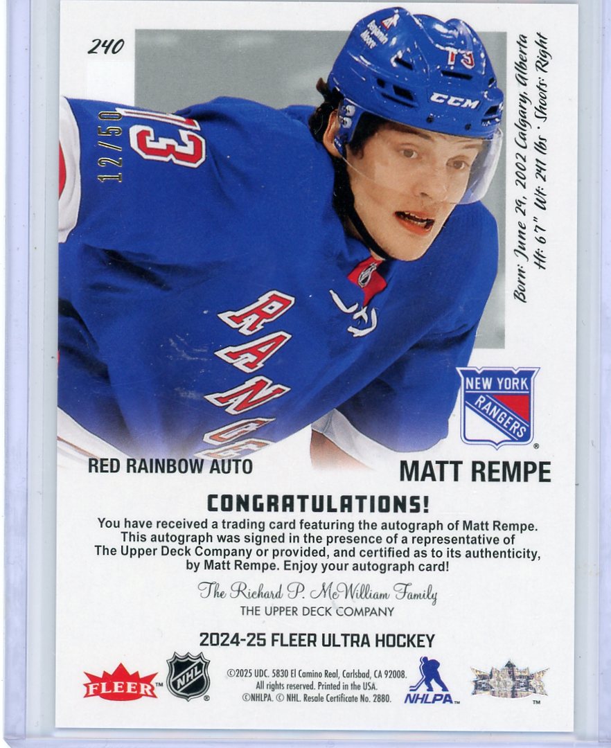 Matt Rempe 2024-25 Upper Deck Fleer Ultra Red Rainbow autograph RC #'d 12/50