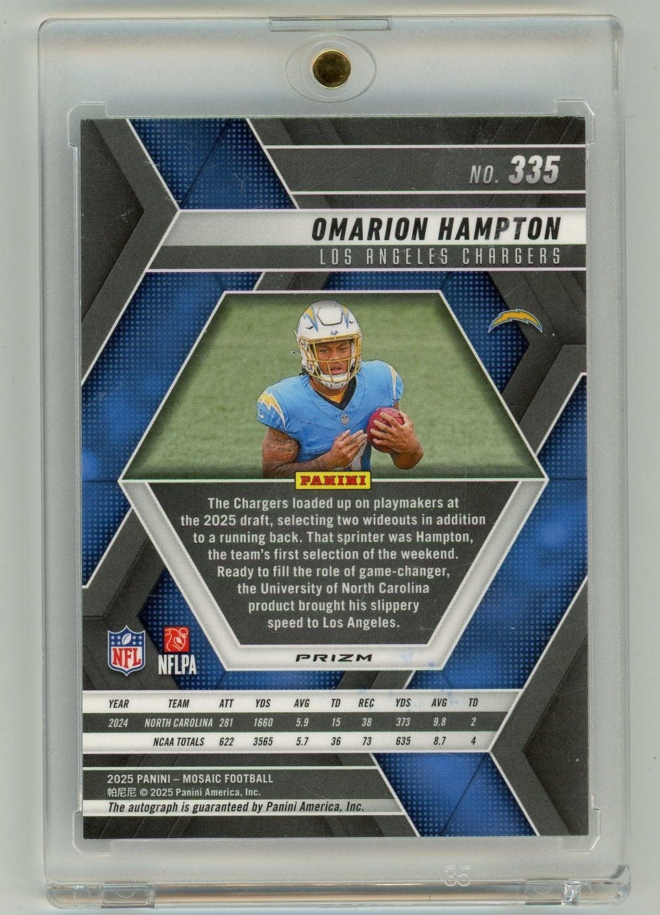 Omarion Hampton 2025 Panini Mosaic No Huddle Blue Prizm Auto RC