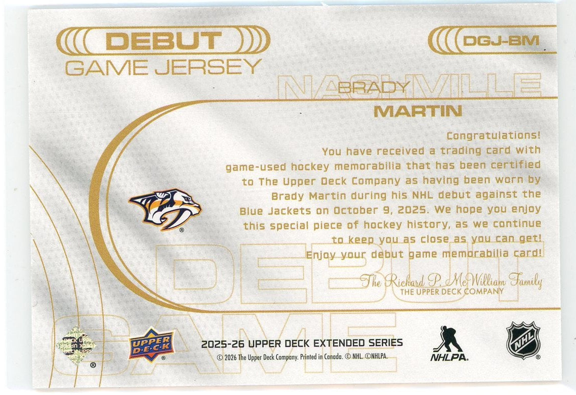 Brady Martin 2025-26 Upper Deck Extended Series - Debut Game Jersey #DGJ-BM