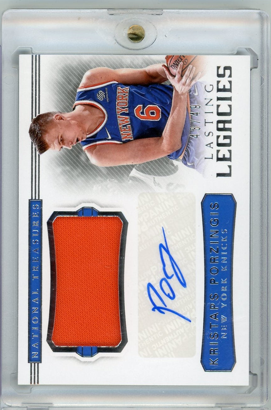 Kristaps Porzingis 2017-18 Panini National Treasures Lasting Legacies autograph relic #'d 43/49