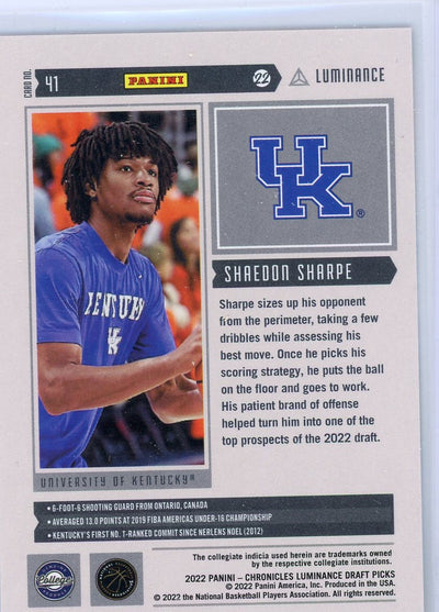 Shaedon Sharpe 2022 Panini Chronicles Luminance Draft Picks rookie card blue #'d 58/99