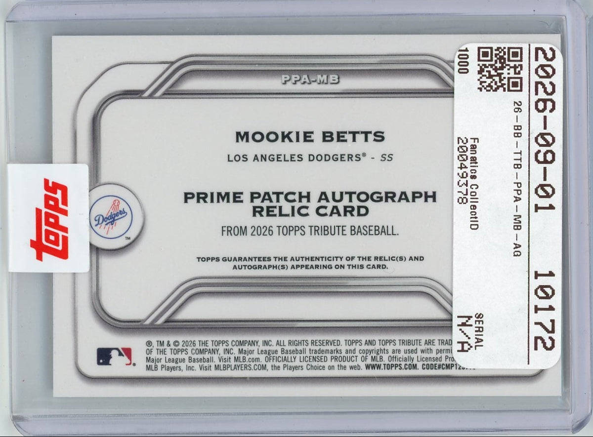 Mookie Betts 2026 Topps Tribute Prime Patch Autograph #'d 7/10