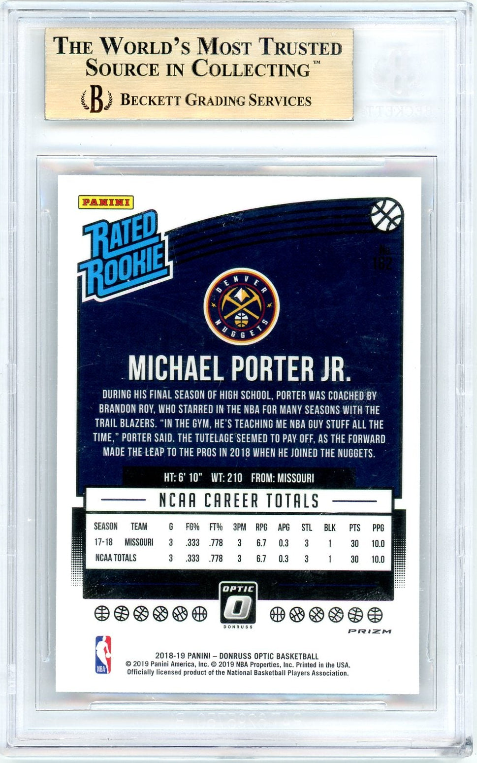 Michael Porter Jr. 2018-19 Donruss Optic Purple rc BGS 9.5