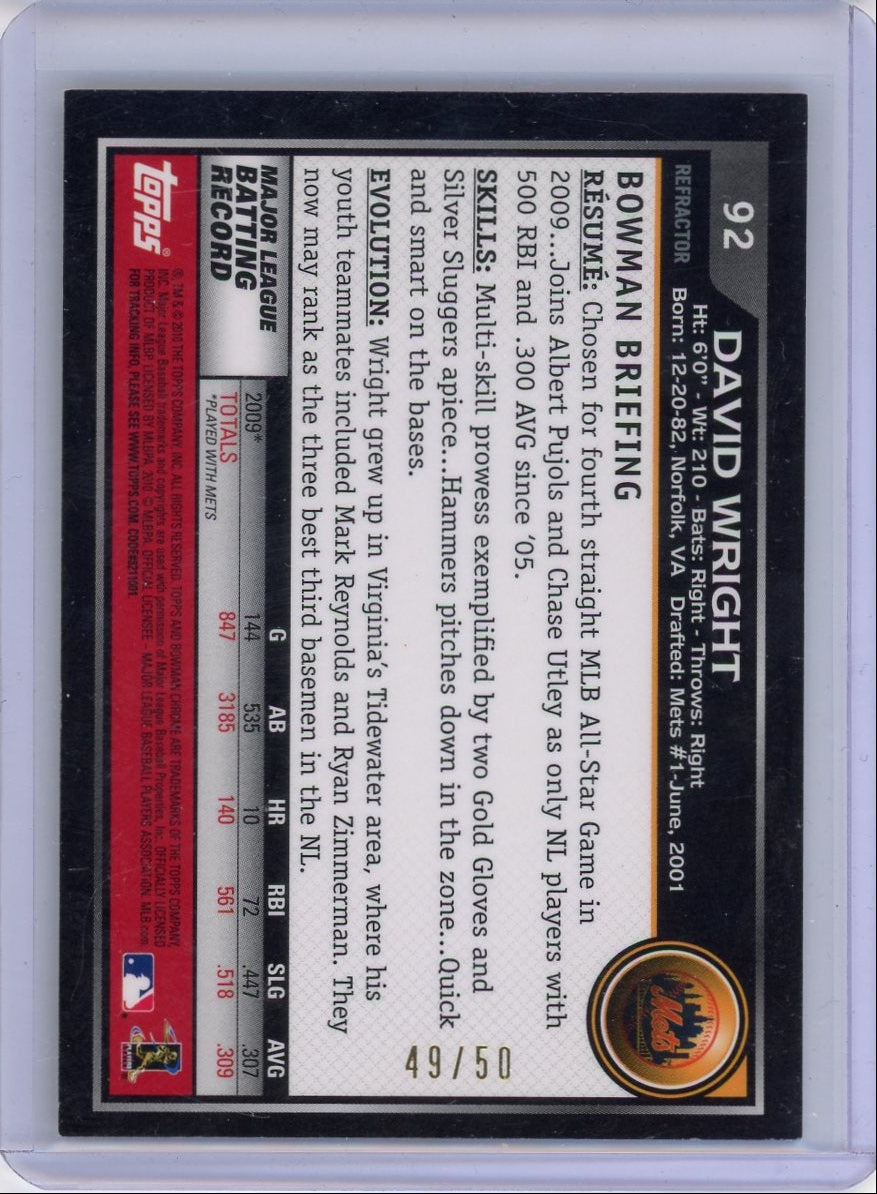 David Wright 2010 Bowman Chrome gold refractor #'d 49/50