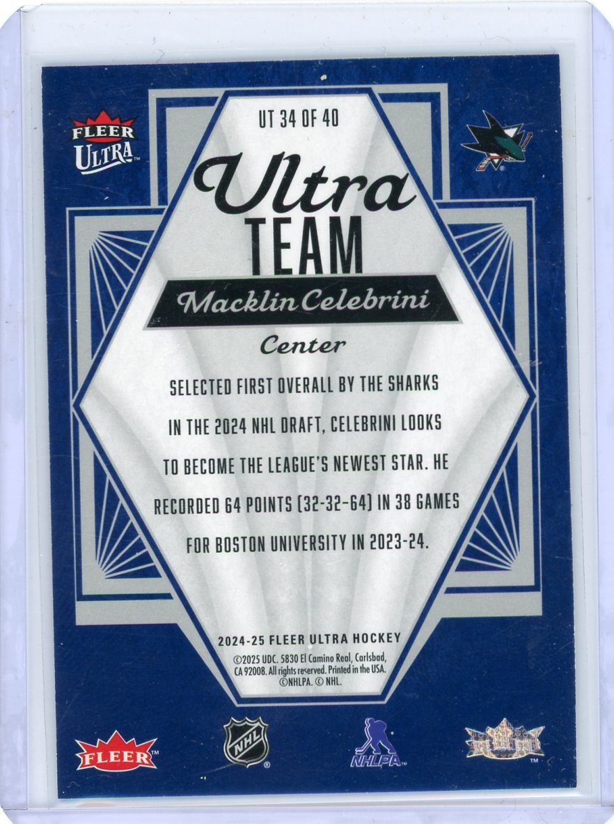 Macklin Celebrini 2024-25 Upper Deck Fleer Ultra Ultra Team RC