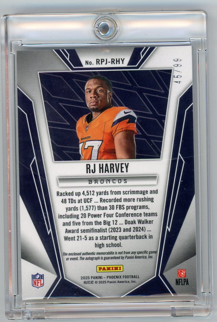 RJ Harvey 2025 Panini Phoenix Rookie Phenom RPA #'d 45/99
