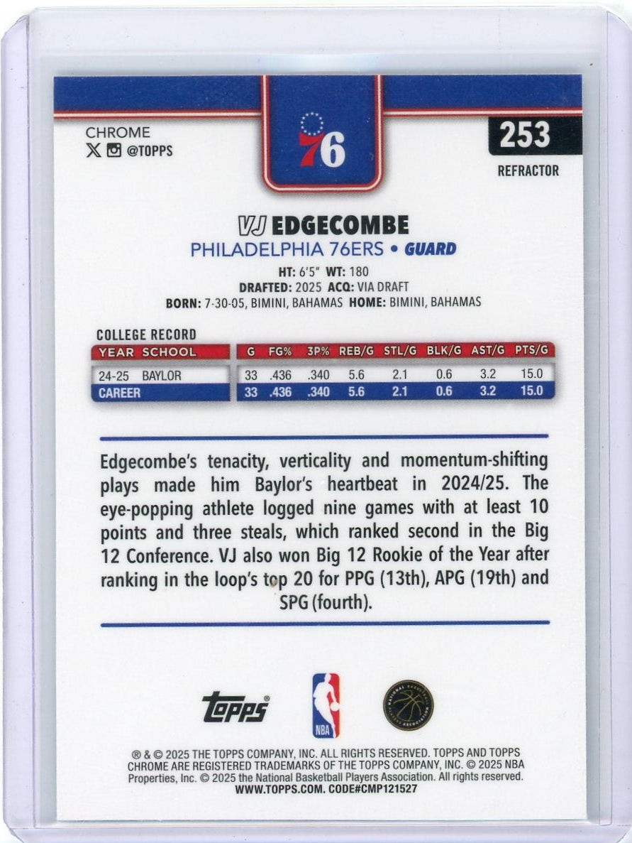 VJ Edgecomb 2025 Topps Chrome Basketball Rookie Refractor