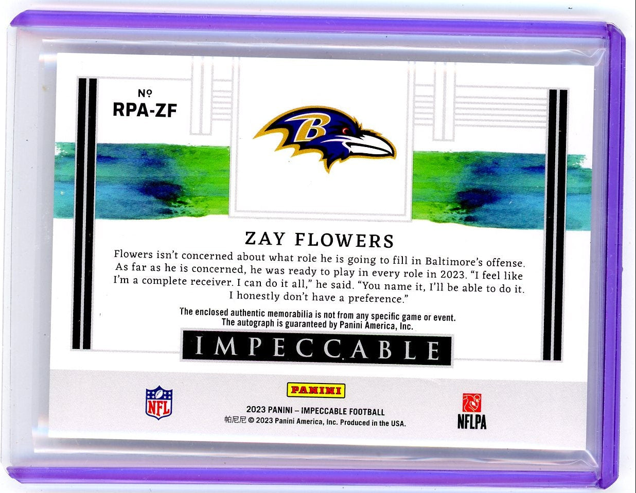 Zay Flowers 2023 Panini Impeccable Rookie Patch Autograph #'d 95/99