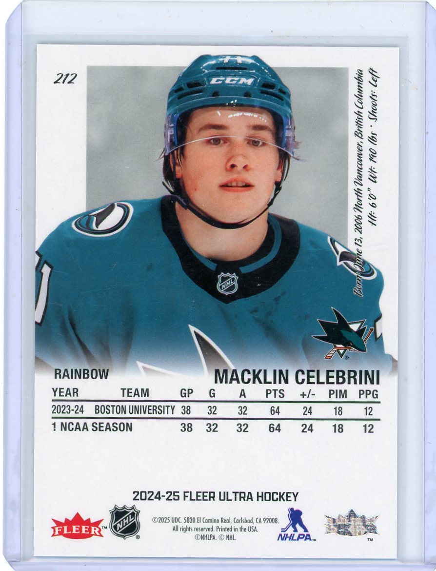 Macklin Celebrini 2024-25 Upper Deck Fleer Ultra rainbow RC