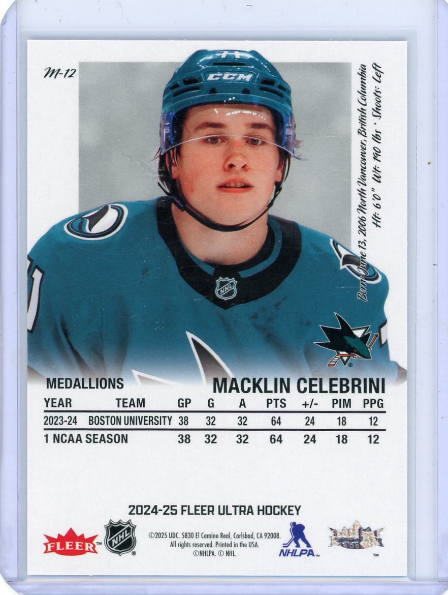 Macklin Celebrini 2024-25 Upper Deck Fleer Ultra Medallions RC