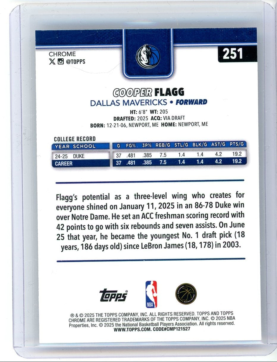 Cooper Flagg 2025 Topps Chrome Base Rookie Card