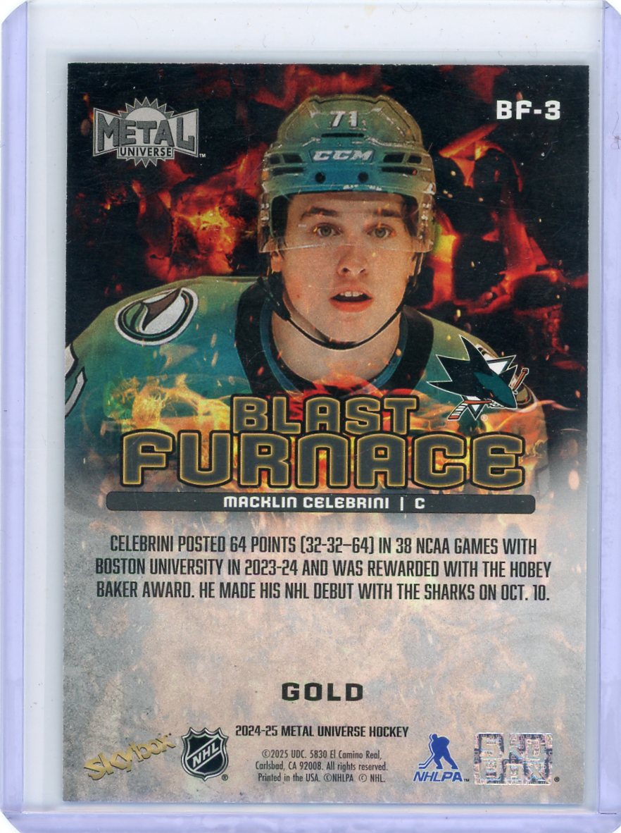 Macklin Celebrini 2024-25 Upper Deck Metal Universe Blast Furnace Gold RC #'d 49/50