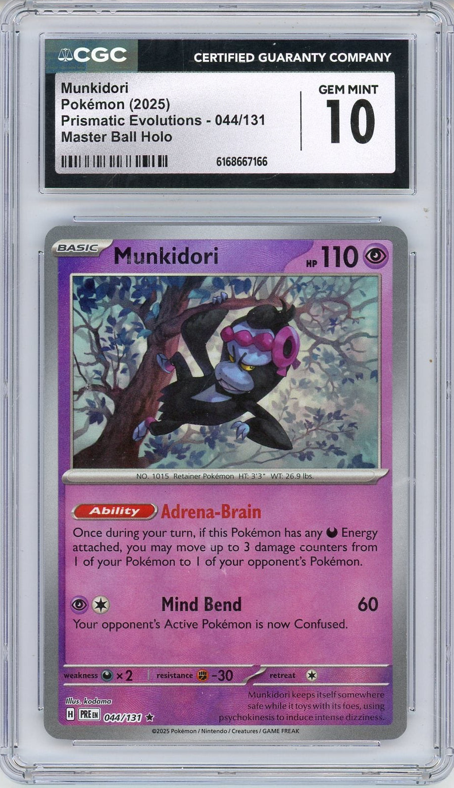 Munkidori Pokemon Prismatic Evolutions Master Ball Holo #044/131 CGC 10