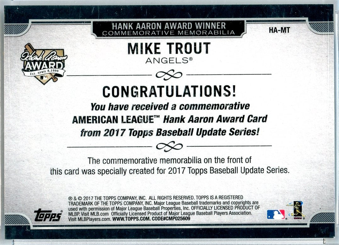 Mike Trout 2017 Topps AL Hank Aaron Award Comm. relic #'d 46/50
