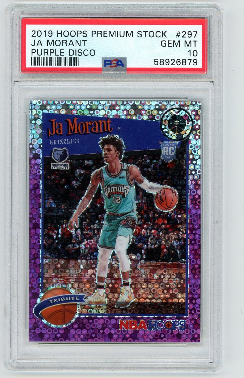 Ja Morant 2019 Panini Hoops Premium Stock purple disco prizm rookie card PSA 10
