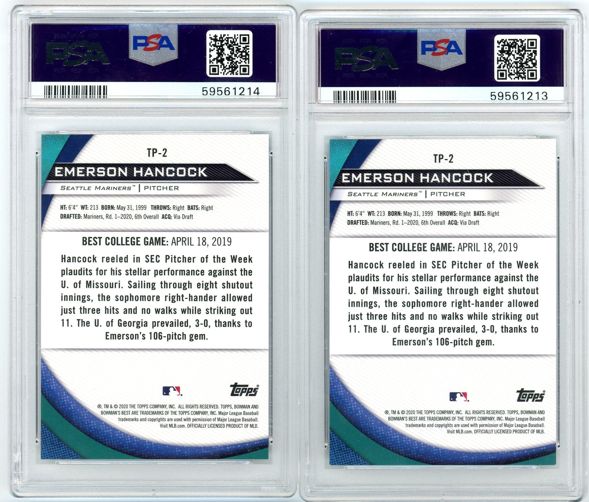 Emerson Hancock 2020 Bowman's Best Atomic PSA 10 + Blue ref. /150 PSA 8 2-card lot