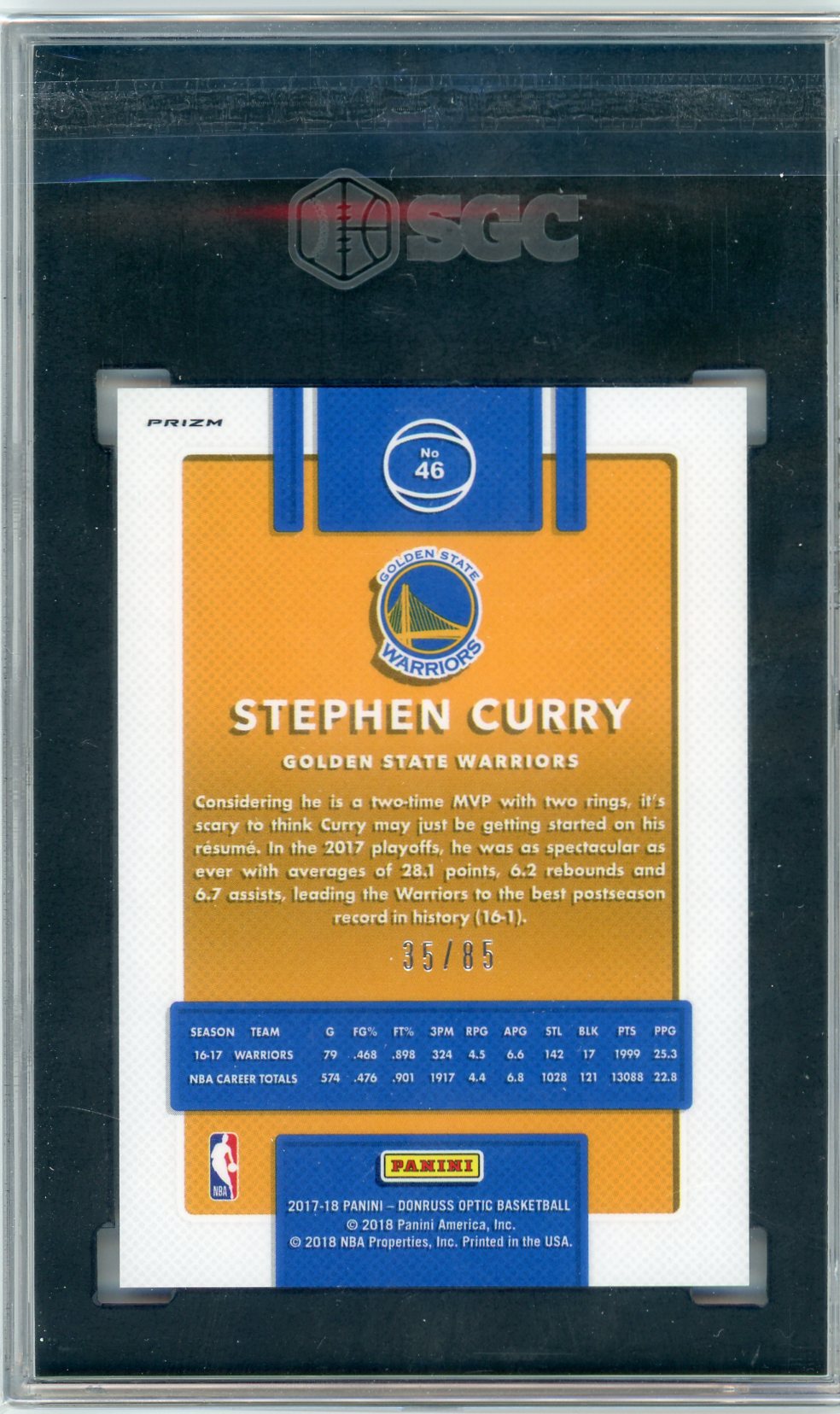 Stephen Curry 2017-18 Donruss Optic Red Fast Break Prizm #'d 35/85 SGC 10