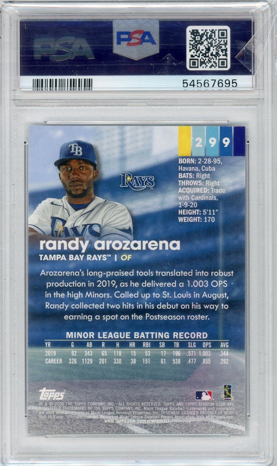 Randy Arozarena 2020 Topps Stadium Club rookie card PSA 10
