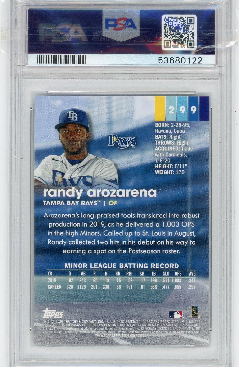 Randy Arozarena 2020 Topps Stadium Club Black Foil rookie card PSA 10