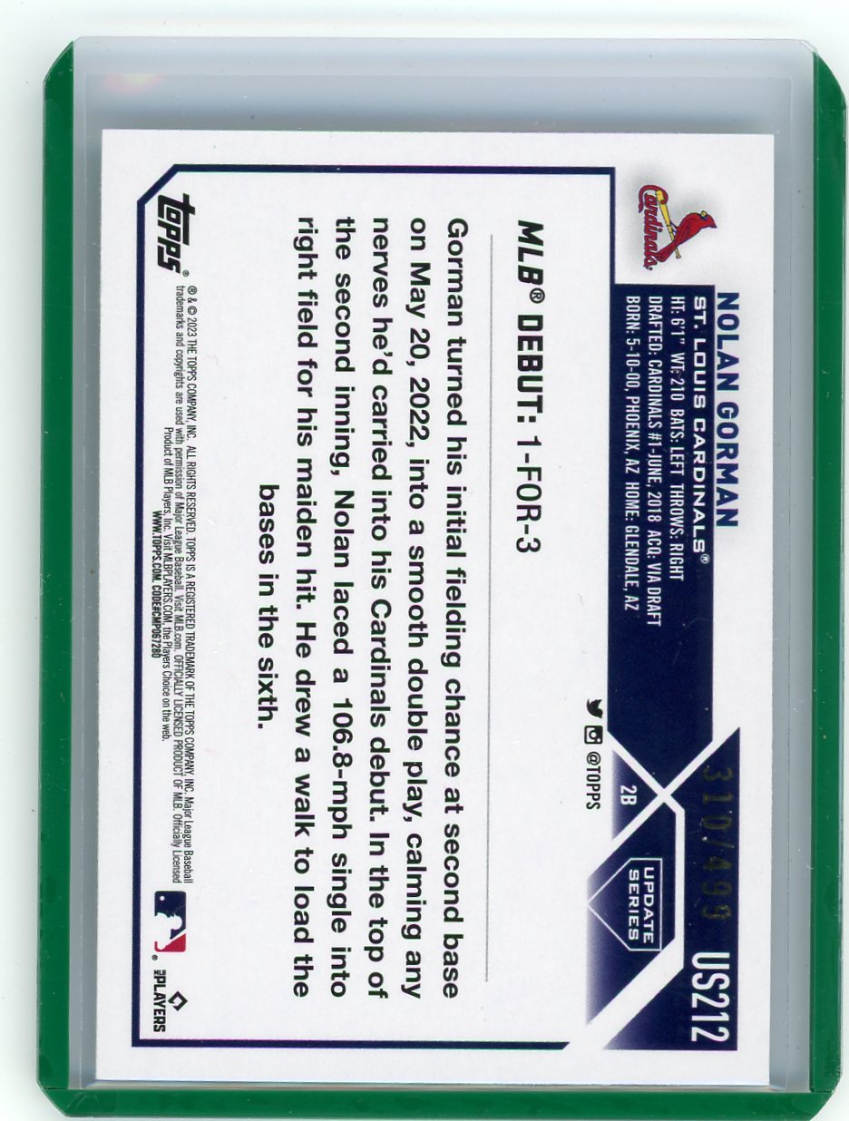 Nolan Gorman 2023 Topps debut green foil board rookie card #'d 310/499