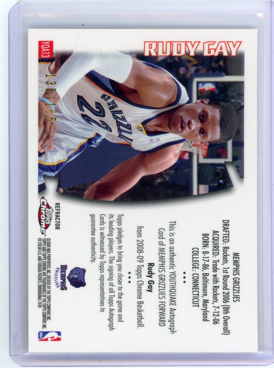 Rudy Gay 2008-09 Topps Chrome Youthquake Refractor Autograph #'d 135/165