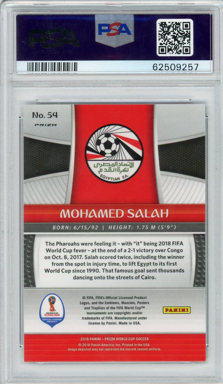 Mohamed Salah 2018 Panini Prizm World Cup Red and Blue Wave Prizm PSA 10