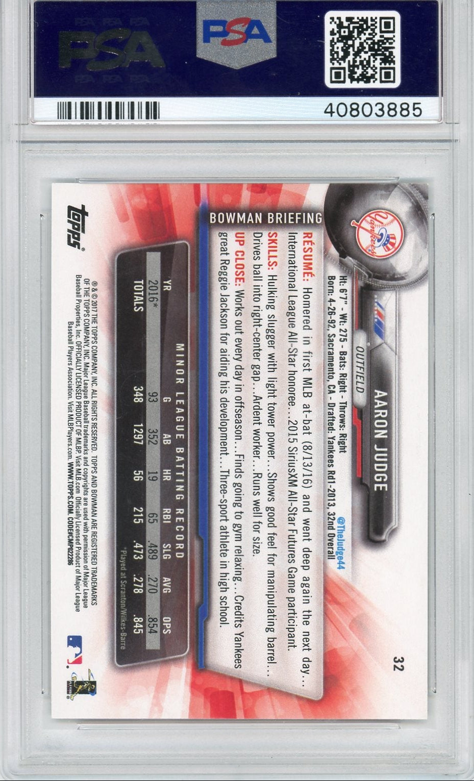 Aaron Judge 2017 Bowman rookie card PSA 9