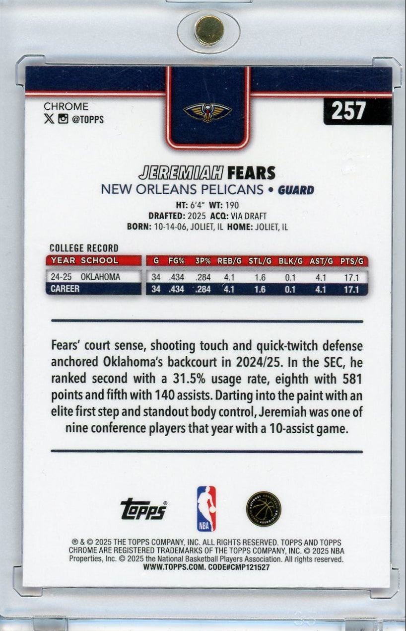 Jeremiah Fears 2025 Topps Chrome Basketball Magenta Rookie Refractor #'d 315/399