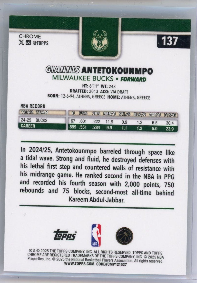 Giannis Antetokounmpo 2025 Topps Chrome Yellow Refractor #'d 015/275