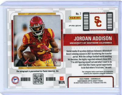 Jordan Addison 2023 Panini Chronicles Contenders Optic Draft Picks autograph #'d 25/75