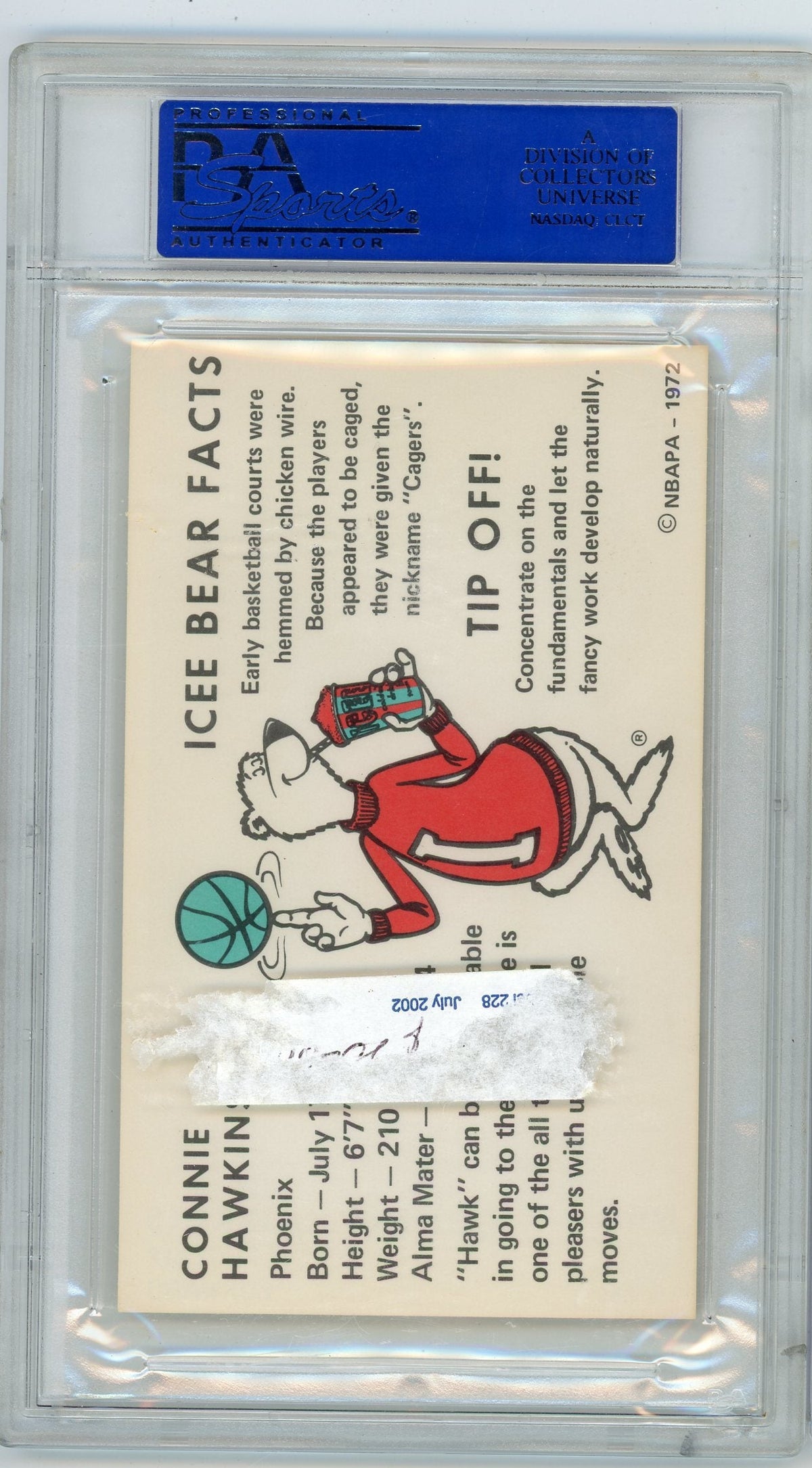 Connie Hawkins 1972 Icee Bear PSA 10 (sticker residue on back of slab)