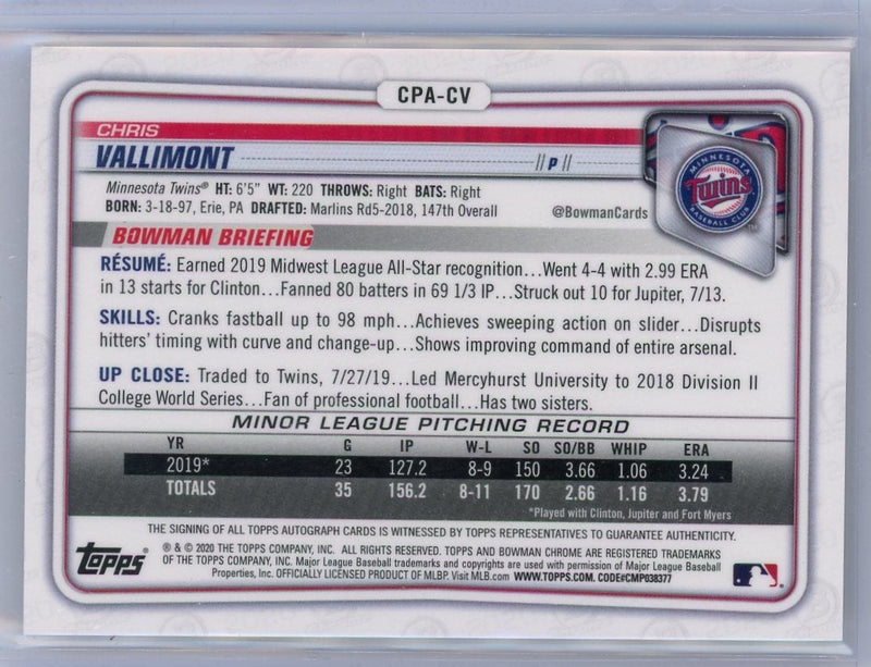 Chriss Vallimont 2020 1st Bowman Chrome gold shimmer autograph 