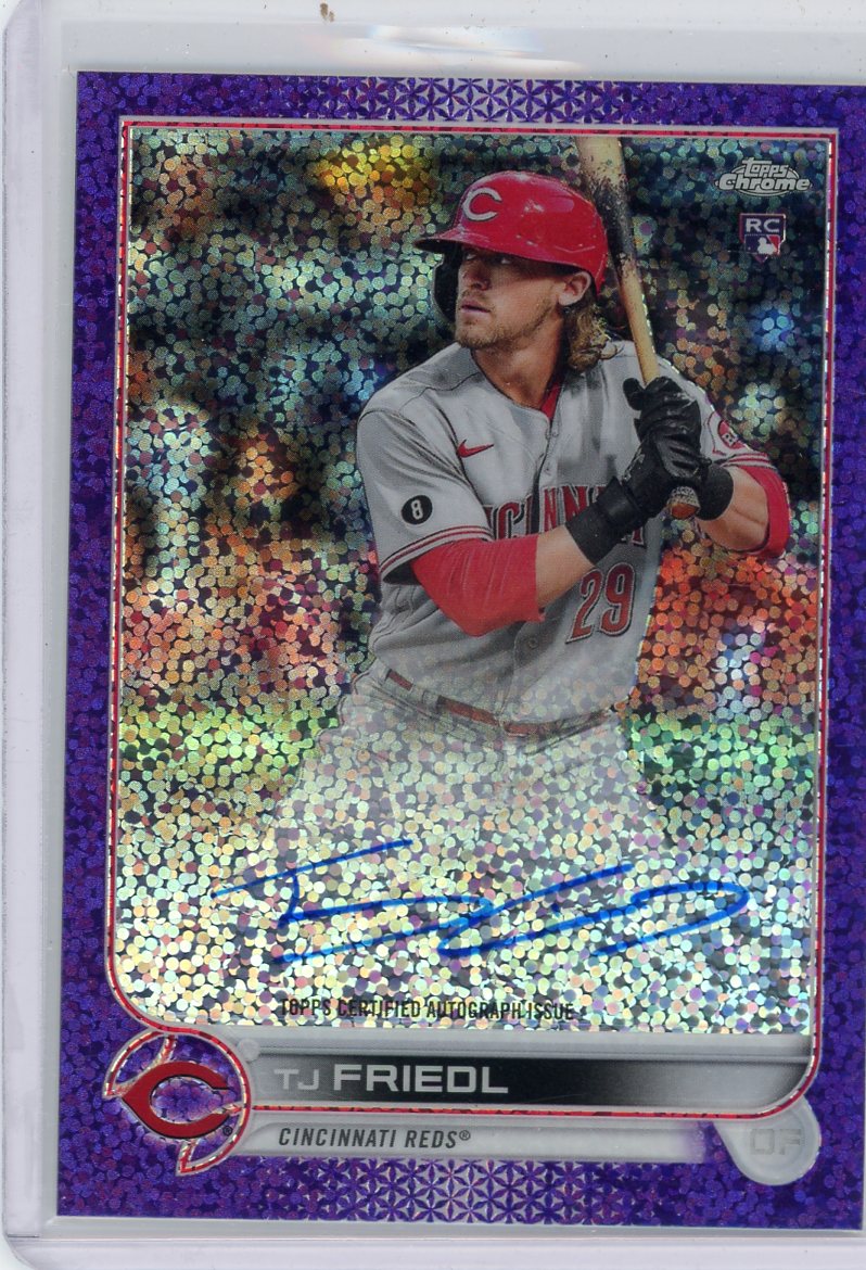 TJ Friedl 2022 Topps Chrome purple mini diamond ref. autograph rookie card #'d 100/299