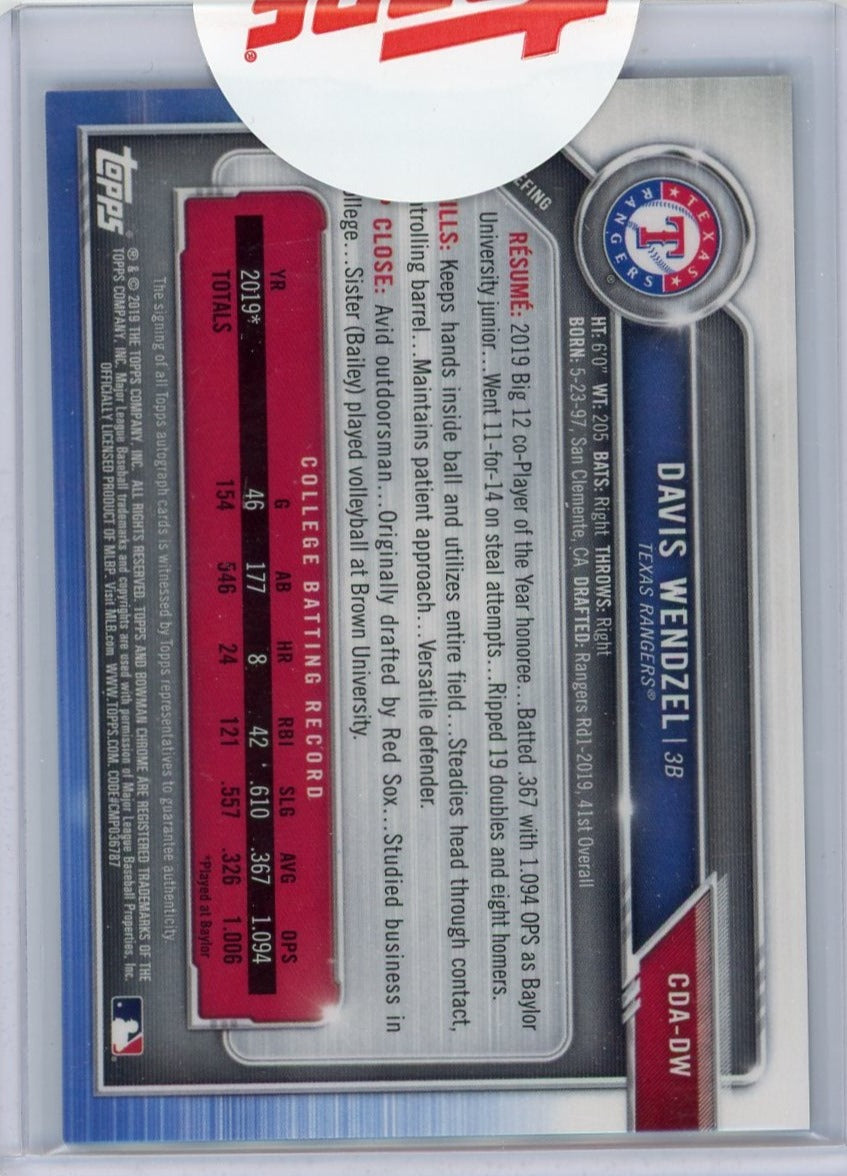 Davis Wendzel 2019 1st Bowman Chrome blue wave autograph #'d 080/150