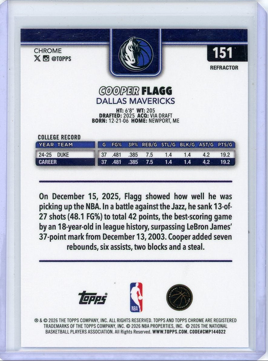 Cooper Flagg 2025-26 Topps Chrome Update refractor rookie card