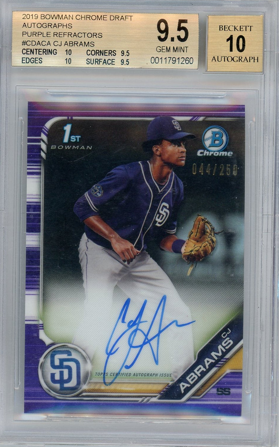 CJ Abrams 2019 1st Bowman Chrome purple ref. autograph #'d 044/250 BGS 9.5 AUTO 10