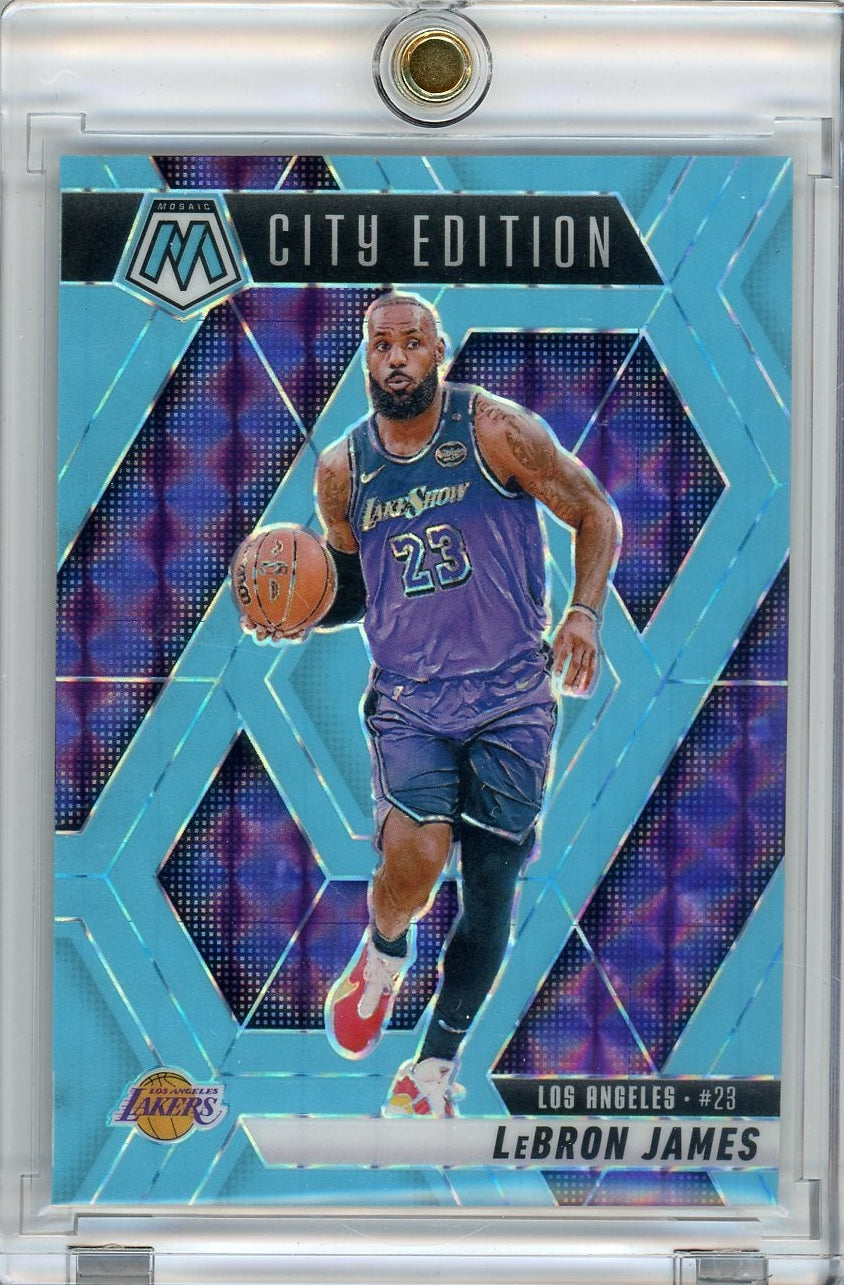 LeBron James 2024-25 Panini Mosaic City Edition blue fluorescent #'d 30/75