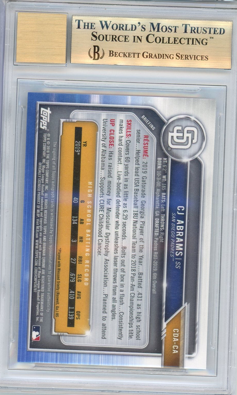 CJ Abrams 2019 1st Bowman Chrome purple ref. autograph #'d 044/250 BGS 9.5 AUTO 10