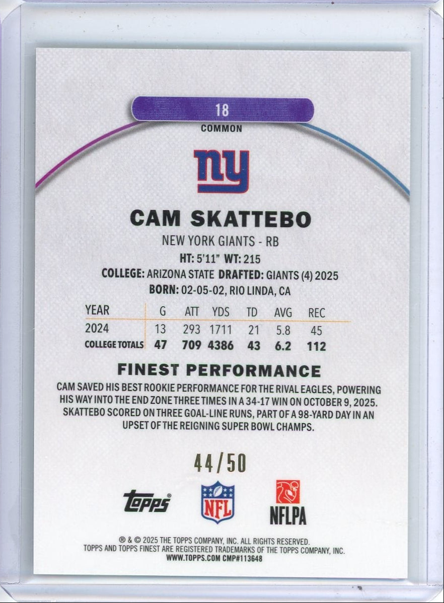 Cam Skattebo 2025 Topps Finest Gold ref. w/ peel RC #'d 44/50