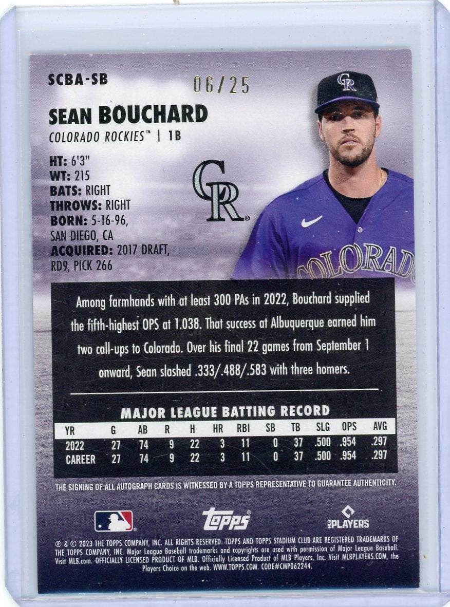 Sean Bouchard 2023 Topps Stadium black autograph rookie card #'d 06/25