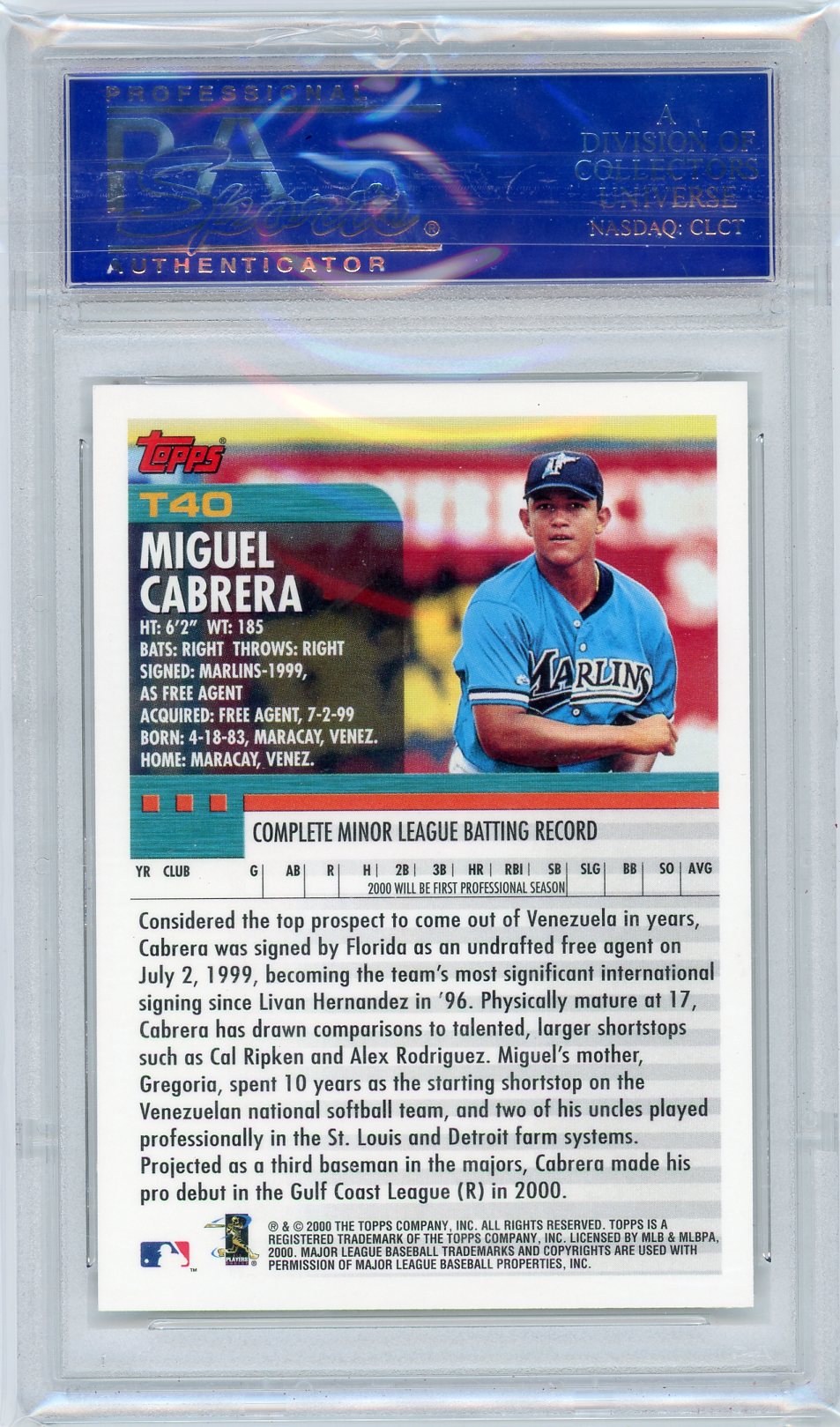 Miguel Cabrera 2000 Topps Traded rookie card #T40 PSA 9
