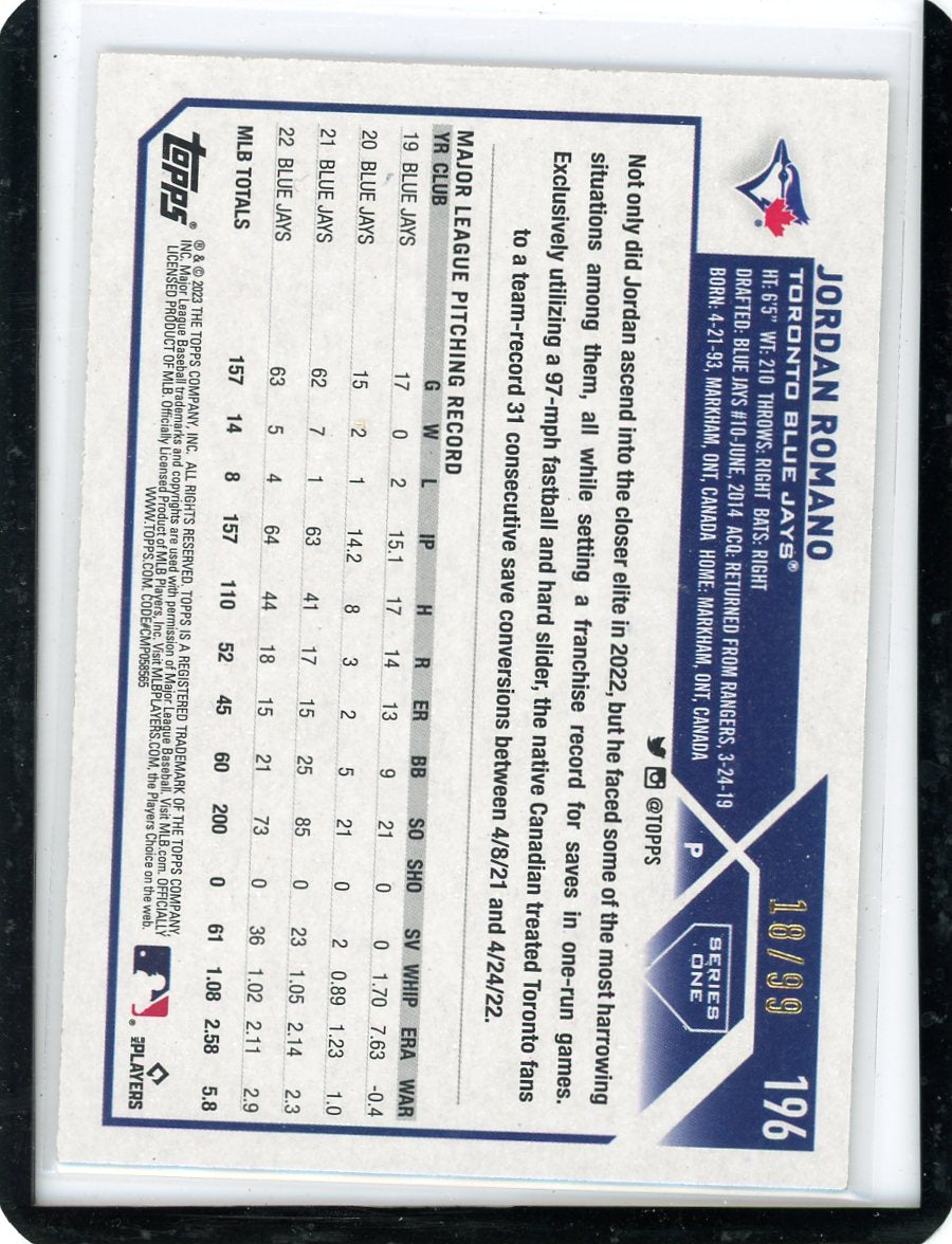 Jordan Romano 2023 Topps vintage stock #'d 18/99