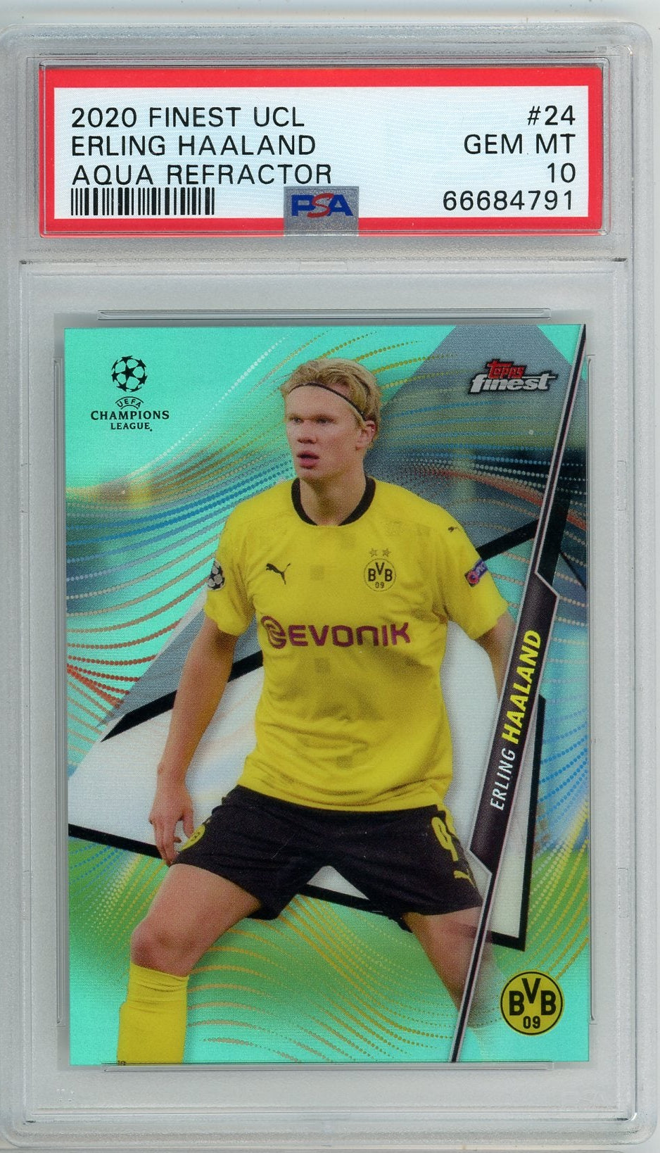 Erling Haaland 2020 Topps Finest UCL Aqua ref. #'d 46/75 PSA 10