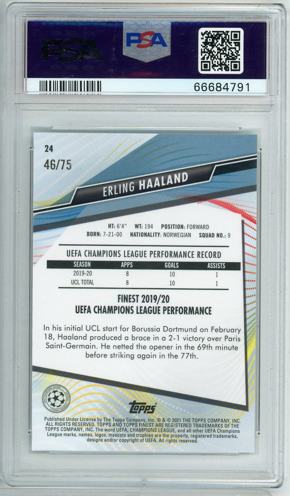 Erling Haaland 2020 Topps Finest UCL Aqua ref. #'d 46/75 PSA 10